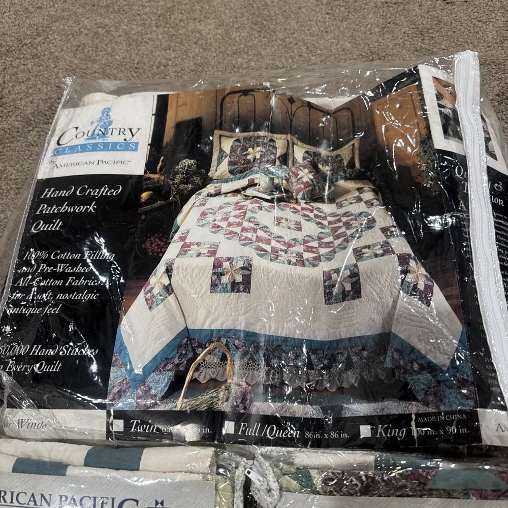 Vtg American Pacific Quilt Patchwork Full/Queen Set 86x86 2 Shams Four Winds